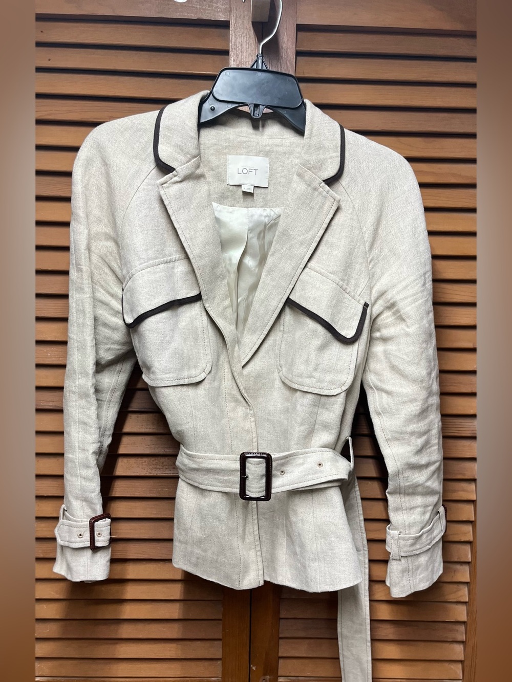 LOFT Oatmeal Linen Blend Belted Safari Jacket Contrast Trim Blazer
